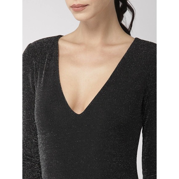 Forever 21 Sz. S Black Self-Design Shimmery Bodycon Dress V-Neck Long Sleeve NWT - Picture 2 of 12
